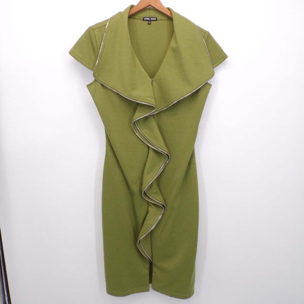 Samuel Dong Zipper Ruffle Midi Sheath Dress Sleeveless Zip Front Stretch Green L